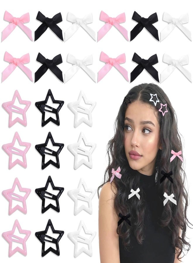 Tyqour 48 Pcs Mini Bow Hair Clips Star Clips Satin Small Hair Bow Clip Star Barrettes Metal Non-Slip Cute Bowknot Stars Pins Y2k Accessories for Women Girls Kids Toddlers (Black, White, Pink) - Image 1